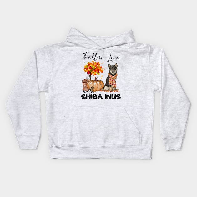 Fall In Love With Shiba Inus Fall Pumpkin Thanksgiving Kids Hoodie by Gearlds Leonia